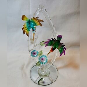 Hummingbirds Flowers Hand Blown Art Glass Figurine On Mirror Paperweight